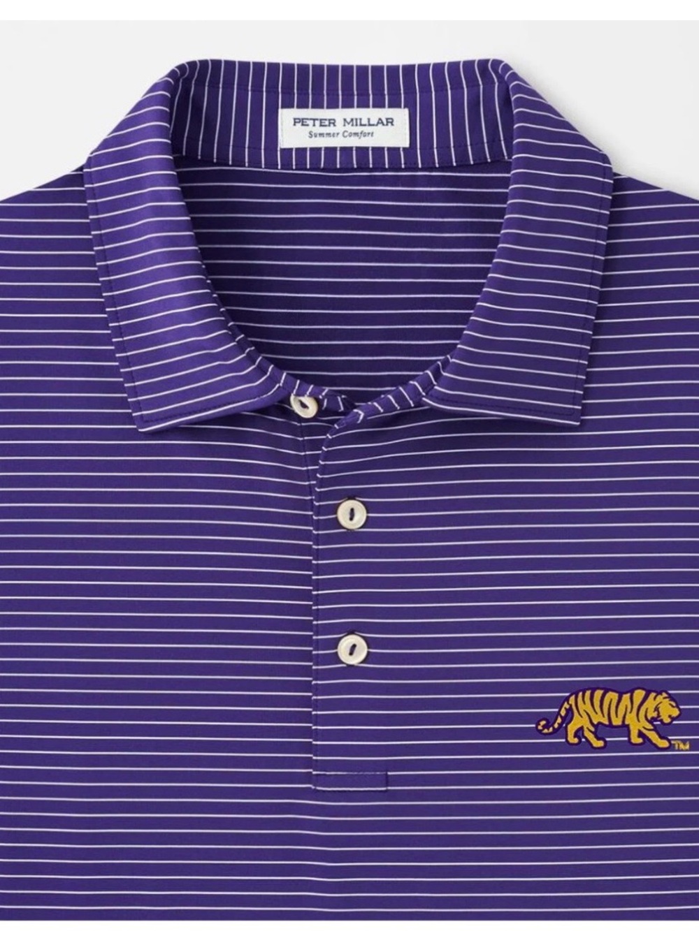 Peter Millar Purple & White Striped Polo with Tiger Emblem